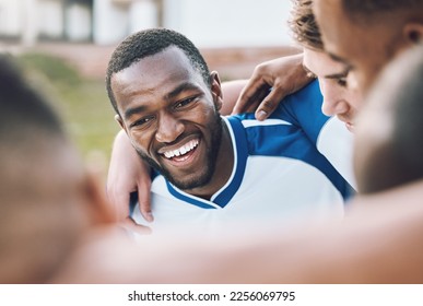 Black man, soccer team and football athlete outdoor in group hug before sports game on field. Sport training, teamwork and excited African player happy about fitness exercise and workout with people - Shutterstock ID 2256069795