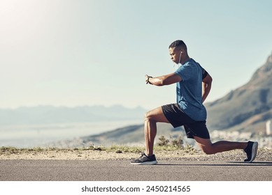 Black man, stretching and outdoor with workout, exercise and runner or training for future sports competition. Athlete, lunges and road for fitness, health and running with stopwatch or music - Powered by Shutterstock