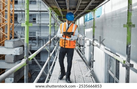 Black man, tablet and construction for engineering, planning and site assessment with floor plan. Architect, tech and contractor outdoor for project management, building development and renovation