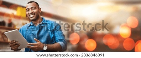 Black man, tablet and small business owner on bokeh in management with smile at coffee shop. Portrait of happy African American male entrepreneur, manager or waiter with touchscreen on mockup at cafe