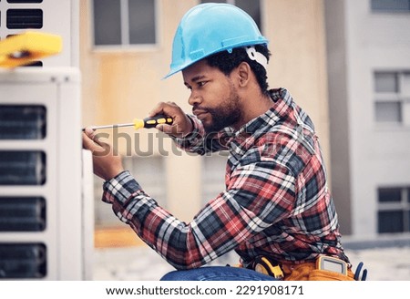 Black man, technician and maintenance with engineering and ac repair with handyman working with tools on roof. Fix air conditioner, male electrician with screwdriver and power generator with service