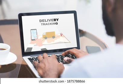 Black Man Using Delivery Tracking Service On Laptop Computer While Sitting In Cafe, African Guy Checking Parcel Shipping Location Status Online On Website, Over Shoulder View, Creative Collage
