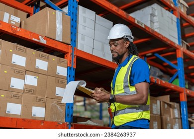 Black man warehouse worker wearing vest and helmet safety look at clipboard and checking product number on box in shelf at warehouse factory store. Logistics, Distribution Center concept - Powered by Shutterstock