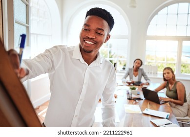 Black Man, Writing On Whiteboard And Corporate Presentation Marketing Strategy For Startup Business Growth With Confidence. Presenting Speaker, Planning Advertising And Vision With Leadership Skills