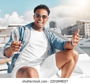 Black Man, Yacht Or Champagne In Celebration, Fun Or Success As New Millionaire In Monaco City. Portrait, Smile Or Happy Fashion Person On Luxury Boat Or Relax Ship For Summer Party With Drink Glass