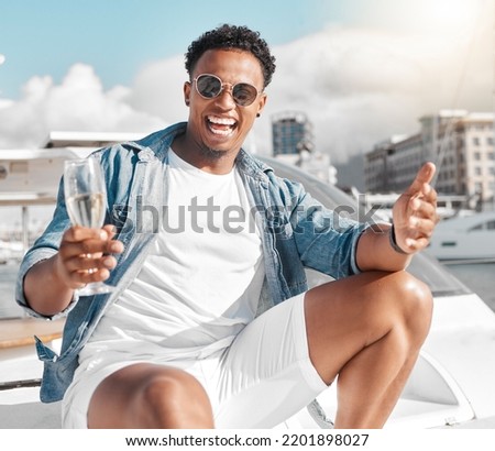 Black man, yacht or champagne in celebration, fun or success as new millionaire in Monaco city. Portrait, smile or happy fashion person on luxury boat or relax ship for summer party with drink glass