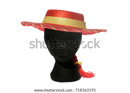 black mannequin with a fun fashion hat. isolated on white. room for text.