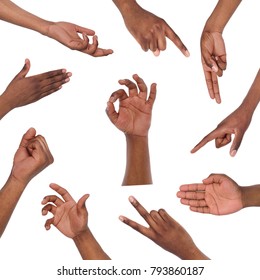 Black mans hands gestures and signs collection isolated on white background. Collage of multiple shots