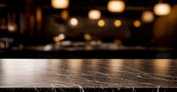 Black Marble Bar Counter Top With Blank Space Product Mockup. On Dark Blurred Background Of Restaurant Or Bar. Blurred Lights In Background. Product Placement