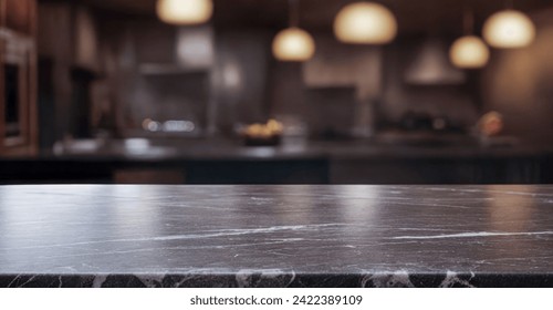 Black marble bar counter top with empty space or product mockup. restaurant counter. Cafe, Coffee shop, Countertop, Backdrop, Templates, Products display kitchen or bar. product placement