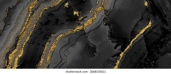 Black Marble With Golden Veins, Black Marbel Natural Pattern For Background, Abstract Black White And Gold, Black And Yellow Marble, High Gloss Marble Stone Texture Of Digital Tiles Design.