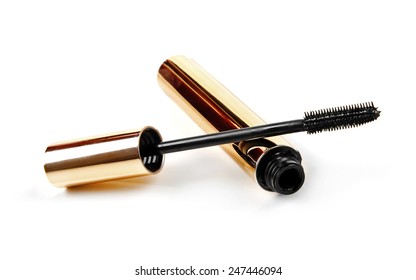 black mascara wand and tube isolated on white