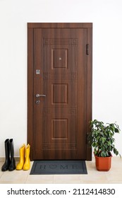 Black Mat With Gumboots And Houseplant Near Dark Wooden Door