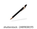 Black matte pen with pink golden metallic parts flying isolated on white background. Metallic ball pen with shadow. Mockup pen