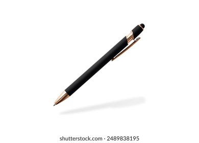 Black matte pen with pink golden metallic parts flying isolated on white background. Metallic ball pen with shadow. Mockup pen