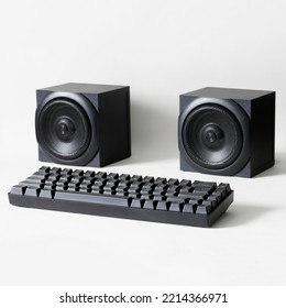 Black Mechanical Computer Keyboard And Two Square Audio Speakers On A White Background. Concept Of An Audio Recording Studio And Digital Audio Broadcasting. Copy Space. Selective Focus. Close-up