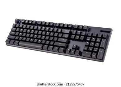 Black mechanical keyboard isolated on white background. Gaming RGB LED backlit keyboard