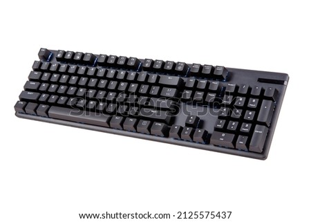 Black mechanical keyboard isolated on white background. Gaming RGB LED backlit keyboard