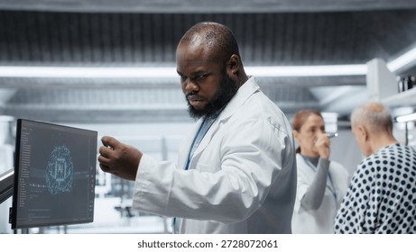 Black medic using artificial intelligence to observe effect during new drug test, collecting pharmacology data with neural networks system. Biomedicine discovery and innovation. Camera B.