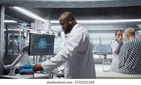 Black medic using artificial intelligence to observe effect during new drug test, collecting pharmacology data with neural networks system. Biomedicine discovery and innovation. Camera A.