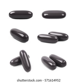 Black medical drug pill isolated over the white background, set of six different foreshortenings