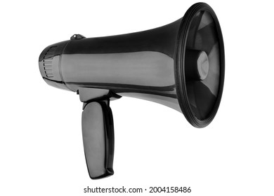 Black megaphone white background isolated close up, hand loudspeaker, loudhailer, bullhorn, announcement symbol, media illustration, communication sign, advertisement icon, public speaking, loud sound