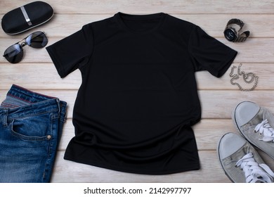 Black Mens Cotton T-shirt Mockup With Black Watch, Jeans, Sport Shoes And Sunglasses. Design T Shirt Template, Tee Print Presentation Mock Up