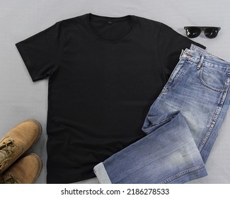 Black Mens Cotton T-shirt Mockup With Jeans, And Boots. Design T Shirt Template, Tee Print Presentation Mock Up.