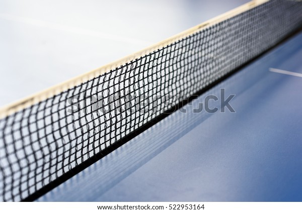 Black mesh tabletennis net in diagonal composition\
on a blue ping pong table