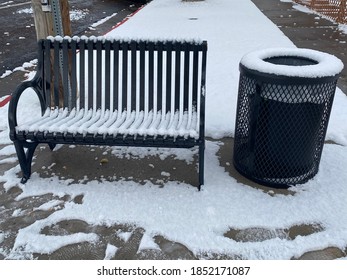 Black Metal Bench And Bin At The Bus Stop In Winter