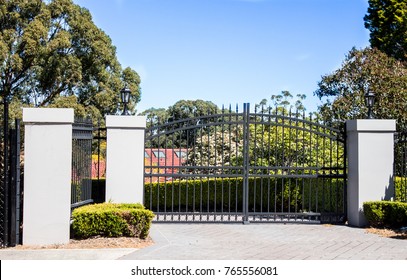 Black Metal Driveway Entrance Gates Set Stock Photo 765556081 ...