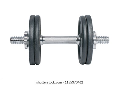 black metal dumbbell for fitness with chrome silver handle isolated on white background.