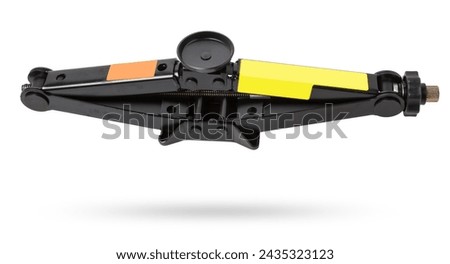 Black metal jack on white background in a car service. A lifting device that locks the car at a predetermined height for mounting, diagnosing and repairing the suspension without a lift tool for sale.