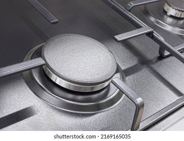  Black Metal  Kitchen Stove Close Up In Home Kitchen. Background Gas Crisis