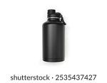 Black Metal Standing 64 oz Insulated Water Bottle Half Gallon Stainless Steel Sports Water Flask Jug Isolated on White Background Flat lay Overhead view