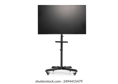 Black metal tv stand on wheels with a flat tv screen isolated on white background