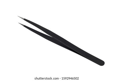 Black metal tweezer with antistatic coating. They are used in medicine, cosmetology, fashion, jewelry and electronic industry. Isolated on a white background.