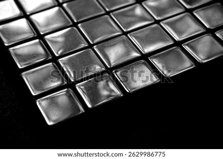 Black metallic mosaic tile pattern. Shiny square shape grey tiles background. Silver ceramic tiles for kitchen backsplash. 3d abstract metal cubic grid design. Crypto currency block chain concept bg