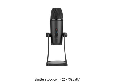 Black Microphone Isolated On White Background. Podcast Or Studio Concept For Studio Voice Recording. Online Concept For Blogger. Podcast Cover Design.