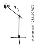 “Professional black microphone stand with boom arm and pop filter isolated on white background.