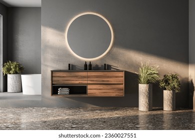 Black minimalist bathroom interior. 3d rendering