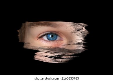 black mirror is painted over with strokes, Human eye is reflected, Young child 10-12 years old looking straight, concept of secrecy, Surveillance System, other world, mystery shrouded in darkness