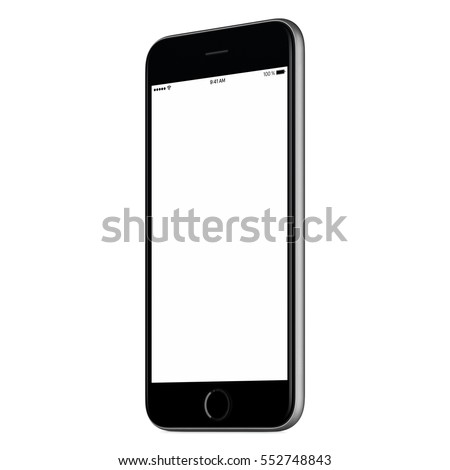 Black mobile smartphone mock up slightly clockwise rotated with blank screen isolated on white background. You can use this smartphone mockup for portfolio or design presentation or ad campaign.