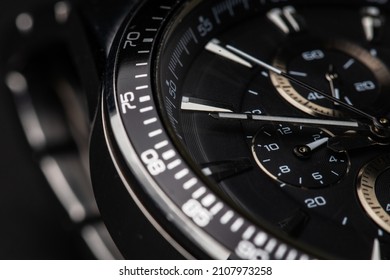 Black Modern Clock Face. Close Up Background.