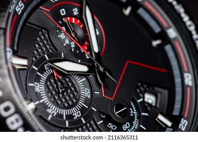 Black Modern Clock Face. Close Up Background.