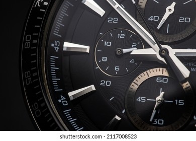 Black Modern Clock Face. Close Up Background.