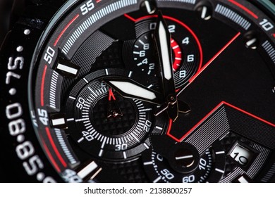 Black Modern Clock Face. Close Up Background.