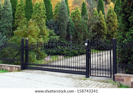 black modern gate and green garden