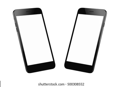 Black Modern Smart Phone Isolated. Two Isometric Positions. Blank Screen For Mockup.