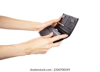 Black modern women's leather wallet in hand isolated on white background. High quality photo